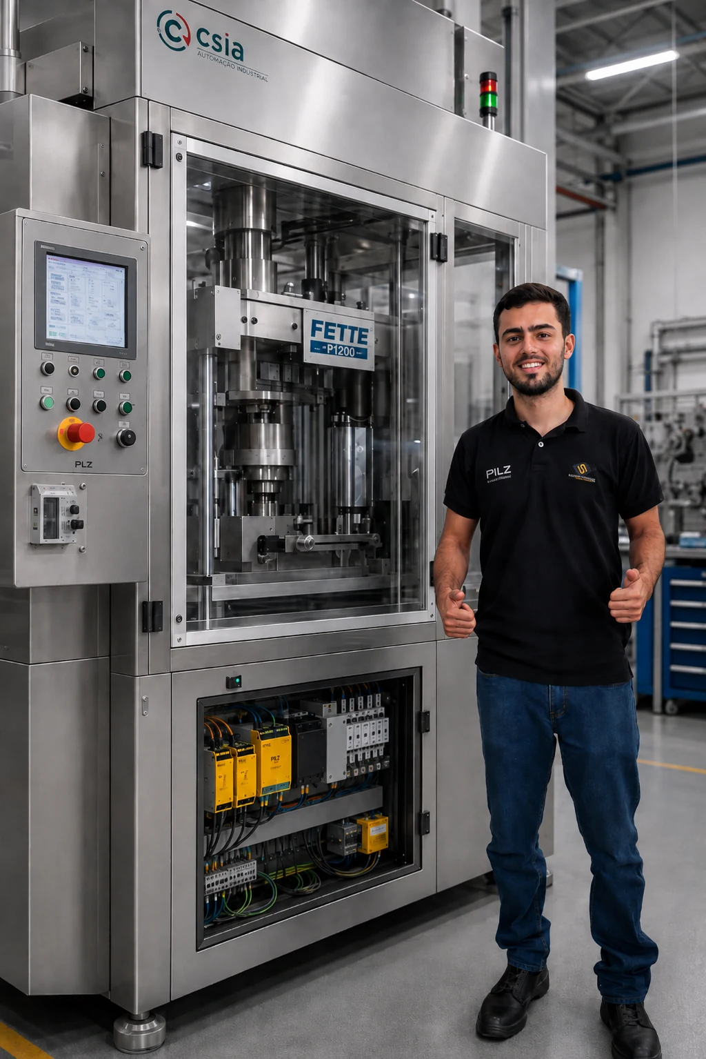 Equipo de CYSM junto a una máquina industrial protegida